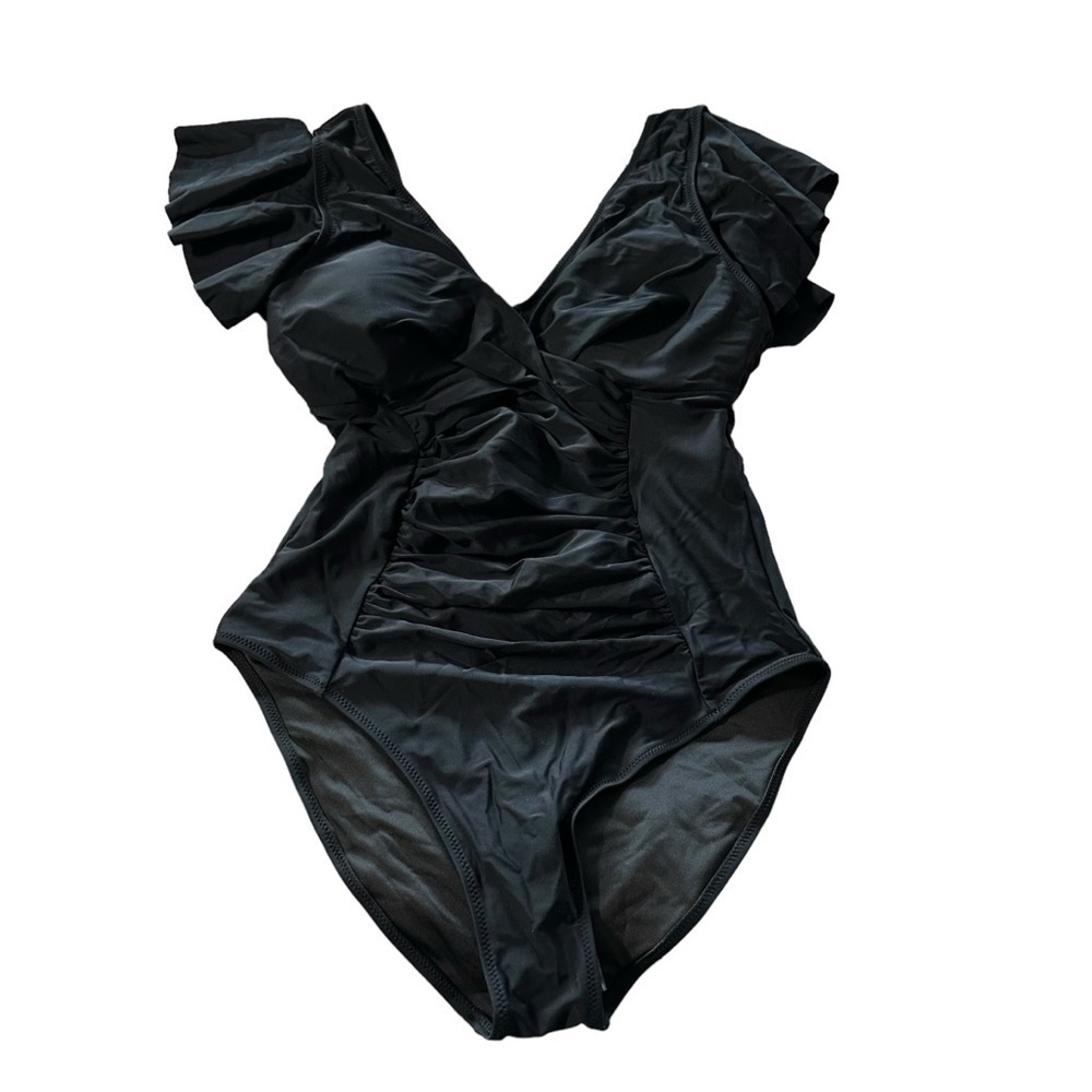 Blooming Jelly women's size large black v-neck tummy control, with ruffled